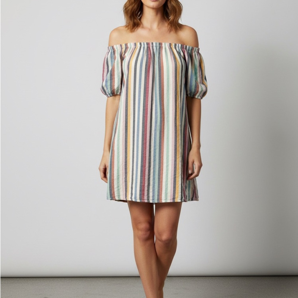 Multicolor Striped Off the Shoulder Linen‎ Blend Summer Mini Dress Size Small